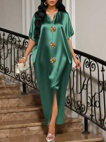 SHEIN Lady Holiday Dresses Four Season/Wedding Guest/ Attire/Prom Dress/Gold /Dinner Outfit/Gold Women's Satin Jacquard Front Slit Dress, Casual Party Elegant,Dresses For Women Elegant - Green - View 2