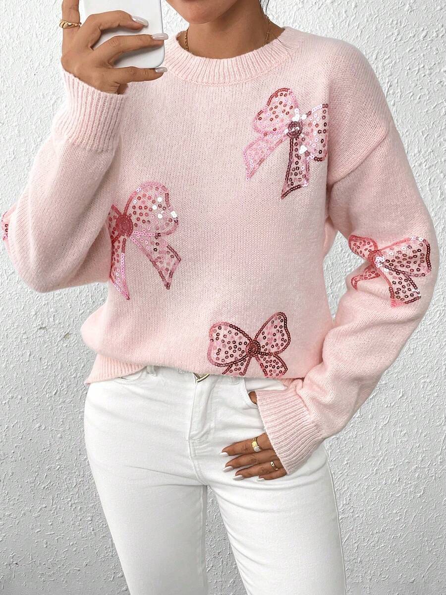 EMERY ROSE Crew Neck Pullover Autumn/Winter Top, Pink Butterfly Beaded Embroidery Sweater - Pink - View 1