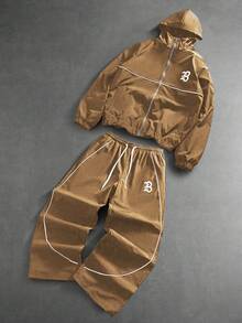 PAVTROS Men's Letter Print Hooded Zip-Up Jacket And Contrast Trim Pants Set Men 2 Piece Set Men Street Wear Sets Men Tracksuit Set Jogging Suits Men Jogging Set,Windbreaker/Outdoor Windbreaker,Parka,Streetwear,Jogging, - Brown - View 3