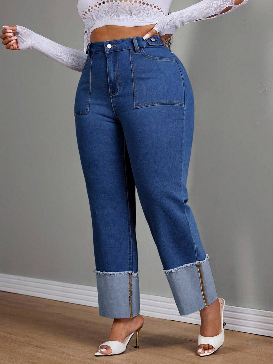 Slaydiva Quần jean ống đứng bó màu xanh phong cách cowgirl cho nữ cỡ lớn, viền cuộn, mùa thu - Rửa trung bình - Xem 1