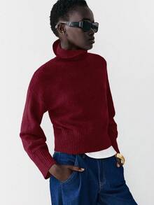 Lumivelle 女士纯色高领落肩长袖休闲毛衣，秋冬款 - 玫瑰紅 - 查看 5