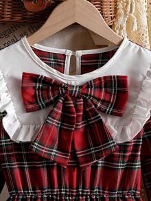 SHEIN Girls' Vintage Red And White Plaid Dress,Long Sleeve Ruffle Trim Bow Decor Waist Cinched Patchwork Elegant Wedding Guest Dress For Autumn,Christmas - Burgundy - View 4