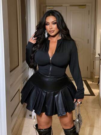 NU&NOW Plus Size Women's New Solid Color High Elasticity Slim Fit Long Sleeve Top + Pleated Elastic Mini Skirt 2 Piece Set, Versatile For Going Out, Sports, Outdoor, Yoga, Commuting, Sexy & Slimming