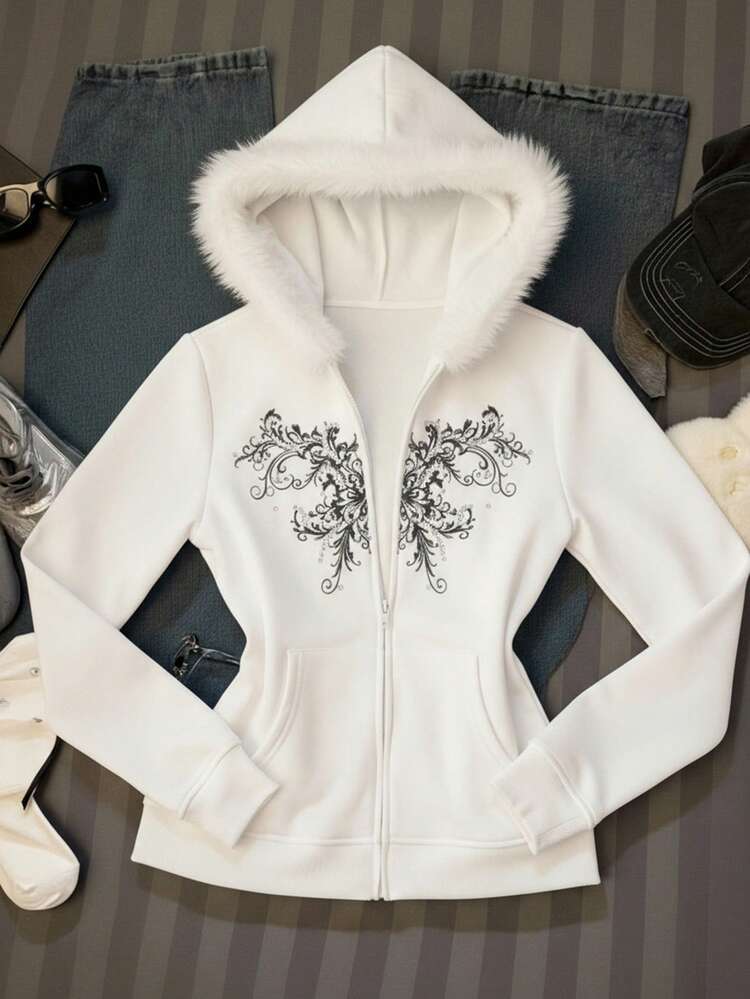 Muchica sweat-shirt à capuche zippé pour femmes avec col en fourrure, imprimé floral et strass