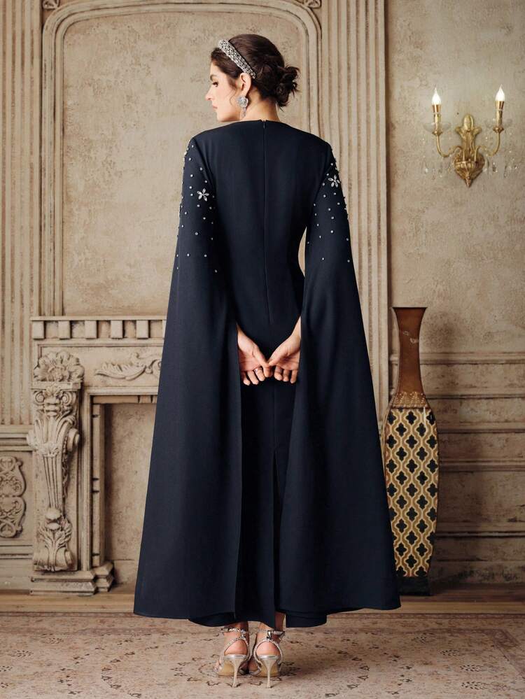 Women's Elegant New Navy Blue Formal Long Dress, Suitable For Banquet, Birthday Party, Cocktail Party, Winter Beaded Dress