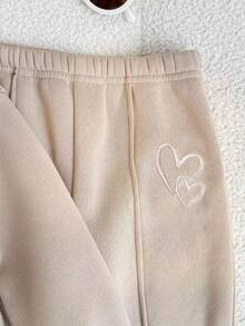Bộ 2 chiếc/Bộ áo hoodie và quần nỉ thêu hình trái tim cho bé gái, thích hợp mặc ngoài trời và trong nhà, mùa thu/đông - Màu Khaki - Xem 4