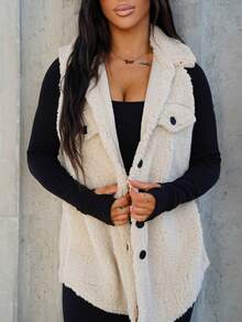 SAYEHFBABY 1pc Women Solid Color Button Front Sleeveless Pocket Casual Tank Top, Daily Wear Teddy Vest In Fall/Winter ,Petite Women - Apricot - View 5