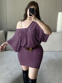 Flirla 优雅简约V领镂空针织修身毛衣连衣裙 - 紫色 - 查看 3