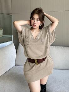 Vibekara 优雅简约V领镂空针织修身毛衣连衣裙 - 卡其色 - 查看 5