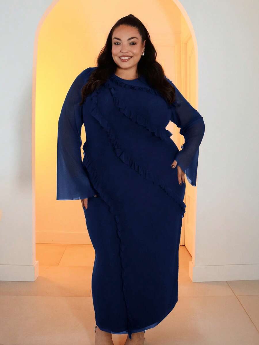 Pretty and Ole 大码女式圆领长袖网眼紧身连衣裙，适合鸡尾酒会、浪漫约会、婚礼、伴娘、晚宴、万圣节、圣诞节、秋冬 - 藏蓝色 - 查看 1