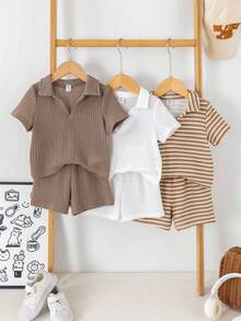 SHEIN 6件套男宝宝夏季可爱休闲条纹polo衫短裤套装，适合生日派对、晚宴、演出、婚礼、迎婴派对、满月庆祝和一周岁生日等场合。 - 彩色 - 查看 6