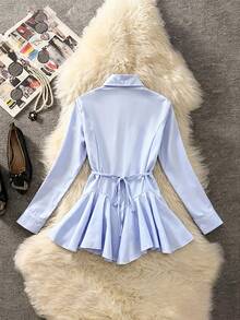 Selianne 女士优雅时尚通勤休闲舒适迷人复古简约高端假日浪漫长袖翻领开衫A字荷叶边下摆纯色衬衫 - 淺藍色 - 查看 2