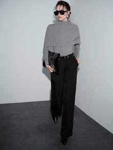 SHEIN Luminelle 全新女式金属纽扣装饰长袖针织毛衣斗篷 - 灰色 - 查看 5