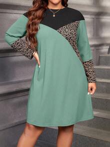 EMERY ROSE 大码女式休闲拼接豹纹撞色宽松连衣裙，春秋季 - 綠色 - 查看 5