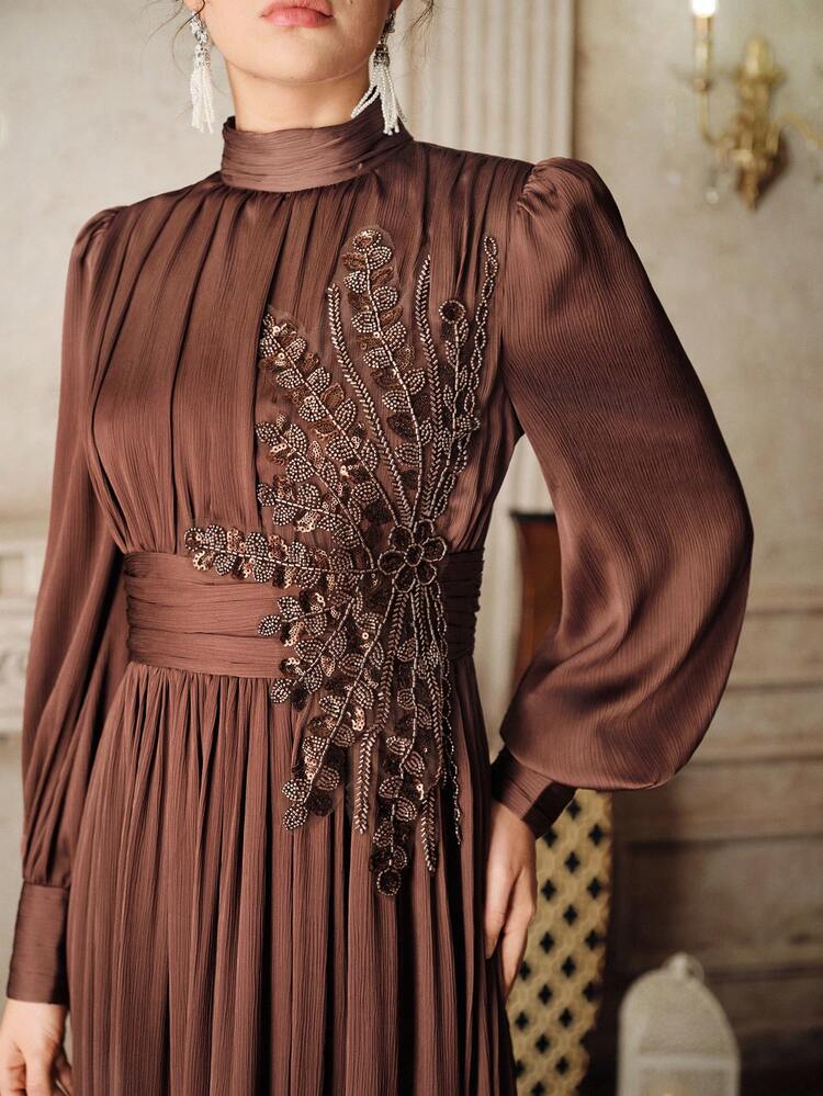 Elegant Round Neck Lantern Sleeve Diamond Embroidered Waist A-Line Women's Party Dress, Suitable For Party, Wedding, Spring, Summer, Elegant, Valentine's Day, Carnival