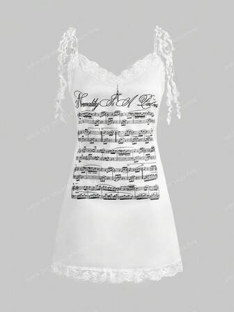 ROMWE Avant Vestido mini de satén con estampado de notas musicales en inglés estilo Y2K "baddie" para mujer