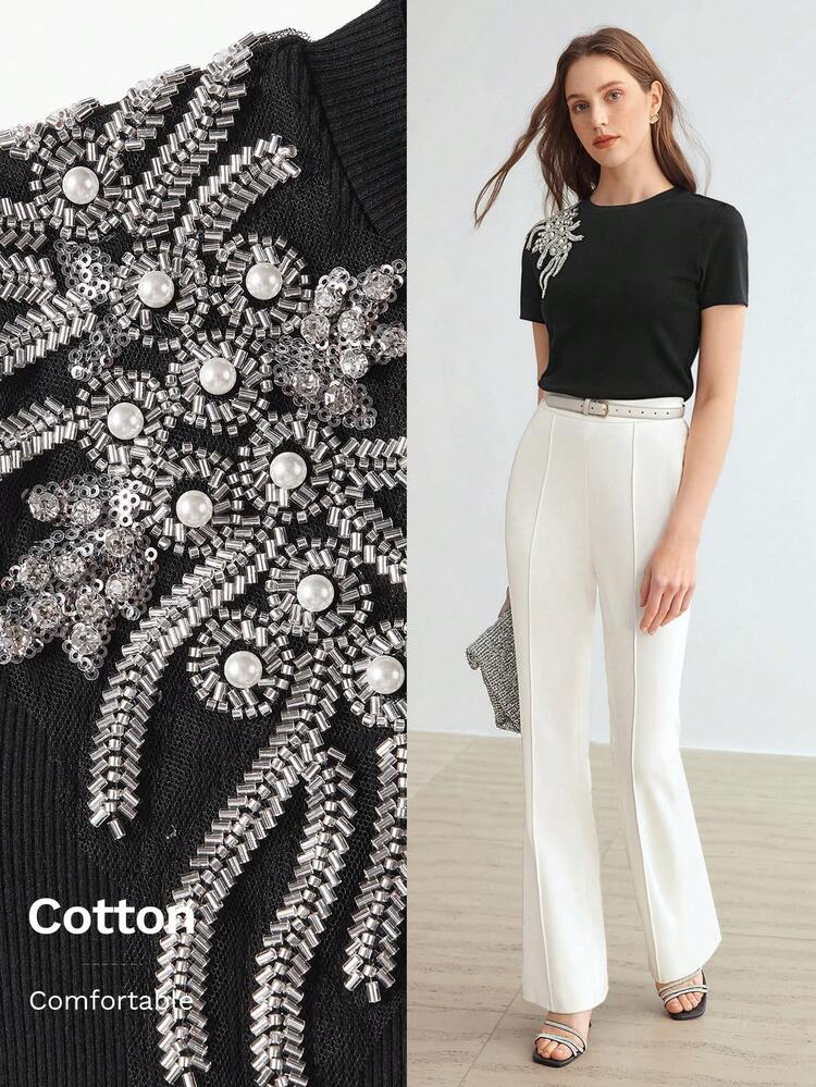 WOMEN'S PEARL BEADED DECORATED T-SHIRT,SUMMER OUTFITS