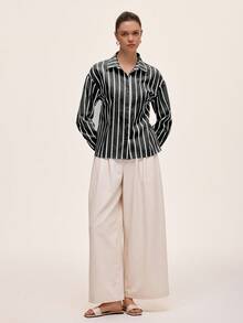 Almamuse Camisa a rayas gris y blanca, cómoda para ir al trabajo y uso diario casual, primavera/verano - Negro - Ver 6