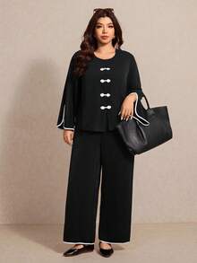 Elaquor Conjunto de 2 piezas de top holgado de manga acampanada y cuello redondo vintage elegante, talla grande talla, y pantalón recto - Blanco y Negro - Ver 4