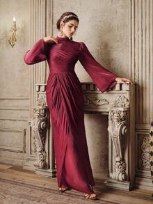 Anewsta Women's Long Pleated Bodycon Dress, Round Neck, Flared Long Sleeve, Glossy Wine Red, Elegant & Versatile For Party & Evening Wear - Burgundy - View 7