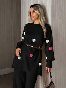 EURMUSE Women Heart Embroidery Balloon Sleeve Sweater And Pant Knit Set - Black - View 7