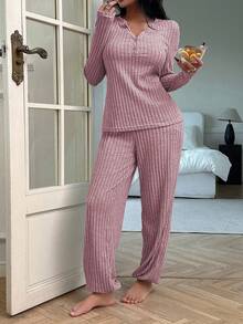 SHEIN Women's Casual Ribbed Brushed V-Neck Button Down Long Sleeve Long Loungewear Set - Pink - View 5