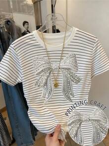 Resyla 女士蝴蝶结印花短袖休闲条纹圆领T恤 - 彩色 - 查看 1