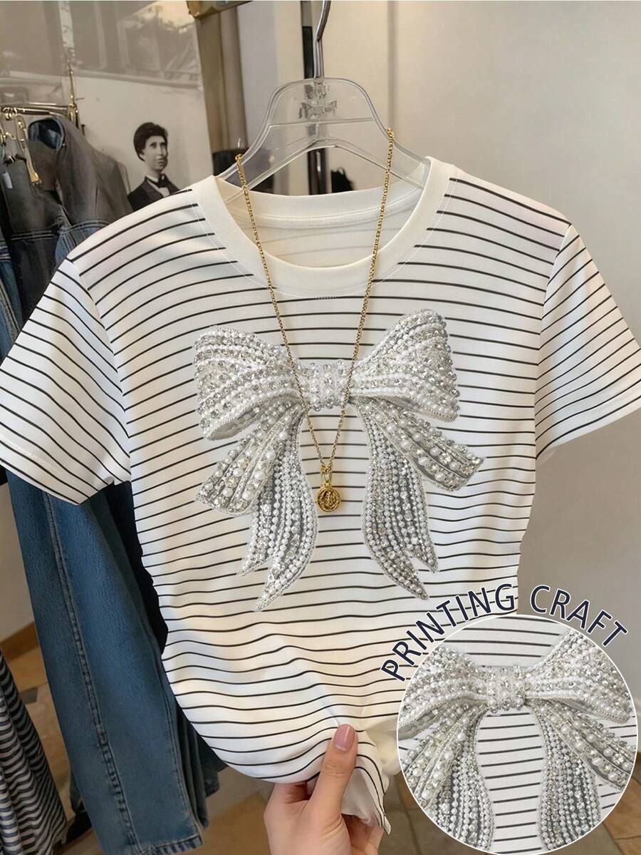 Resyla 女士蝴蝶结印花短袖休闲条纹圆领T恤 - 彩色 - 查看 1