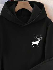 Manfinity Joysei مجموعة هوديي وبنطلون رياضي مطبوع عليها رسم غزال للرجال للارتداء اليومي، مبطنة بالحرارة، للخريف والشتاء، 2 قطعة - الأسود - مشاهدة 2