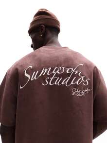 SUMWON Áo thun nam Box Fit cổ tròn in chữ Studios thêu ngực, tay ngắn, phong cách thường ngày, đường phố - màu nâu - Xem 1