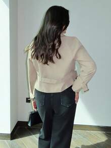 MDEdit Damen eleganter neuer Herbst/Winter modischer Alltags-Lässig vielseitiger Pendler und bequemer neuer Khaki Taschen Gürtel Damen Trenchcoat, Old Money Stil Schulanfang Lehrer Winter Herbst Old Money Business-Casual Damen Trenchcoat mit Gürtel Jacke Kurze Jacke Damen Blazer für Damen V-Ausschnitt Taille Anzug Leinengemisch Collarless Langarm leichter Mantel Herbst /Flughafen /Ausgehen - Khaki - Übersicht 3