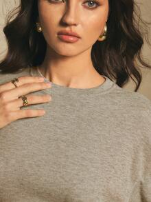 Poéselle 女士休闲日常通勤简约纯色落肩宽松腰部荷叶边 T 恤，春秋季 - 卡其色 - 查看 4