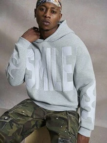 PAVTROS 男士加大码笑脸图案刺绣连帽衫，灰色 - 灰色 - 查看 6