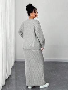 Elenzga Plus Size Solid V-Neck Button Front Long Sleeve Cardigan & Skirt 2 Pieces Set - Light Grey - View 2