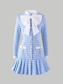 SHEIN Tween Girl Casual Collegiate Striped Pattern Colorblock Big Bow Decor Pleated Hem Fitted Dress