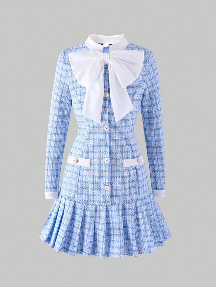 SHEIN Tween Girl Casual Collegiate Striped Pattern Colorblock Big Bow Decor Pleated Hem Fitted Dress - Blue - View 8