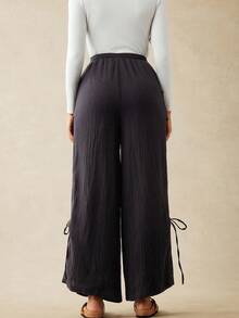 Boho Mama Maternity Pants For Women,Solid Color Plain Grey Drawstring Waist Wide Leg Flowy Casual Pants,Lounge Autumn Capri Pants With Pockets - Black - View 3