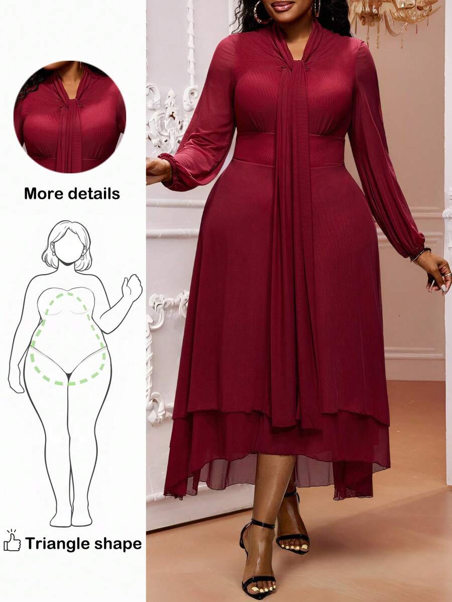 Truni Robe élégante à manches longues pour femmes grandes tailles, de couleur unie avec un design de col torsadé. Idéale pour la saison d'hiver et pour les morphologies en forme de poire. - Rouge - Voir 1