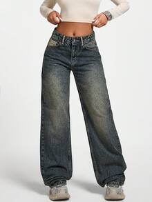 SHEIN Tall TALL LOW WAIST CASUAL STYLE DENIM STRAIGHT - Medium Wash - View 7