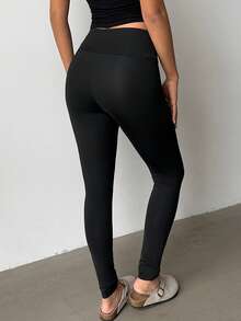 Flirla 女士高腰塑身收腹黑色打底裤，秋冬季 - 黑色 - 查看 2