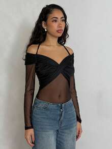 Glamine Women's Autumn/Winter Ruched Waist, Halter Neck, Mesh Patchwork Black Bodysuit - Black - View 6