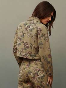 WESTFADE Collared Button Front Western Seamed 100% Cotton Denim Flower Print Denim Jacket Boho, Fall, Autumn, Winter, Country Concert - Khaki - View 2