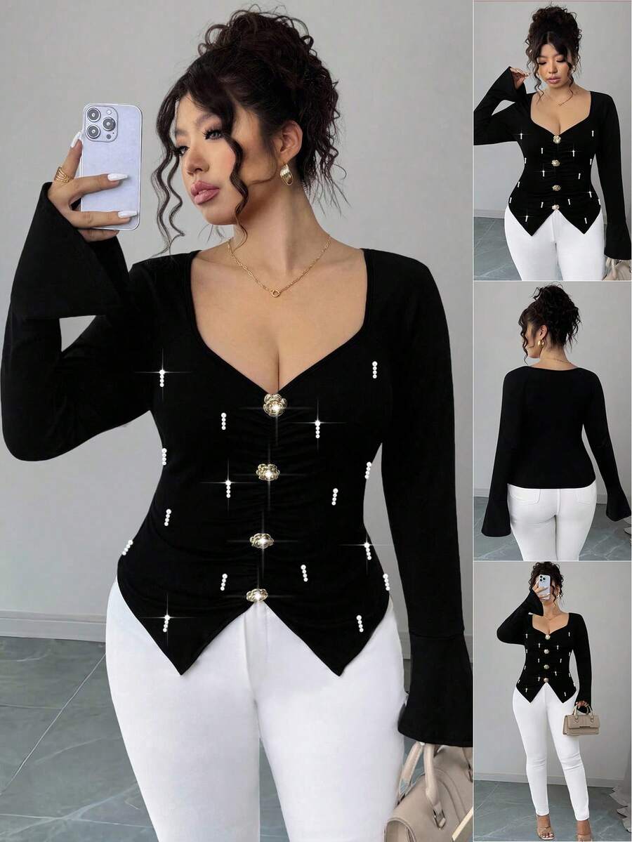 Elenzga Bluzka w dużym rozmiarze z metalową klamrą, zdobiona koralikami, z rozszerzanymi rękawami i asymetrycznym dołem i długim rękawem