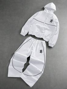 PAVTROS Men's Letter Print Hooded Zip-Up Jacket And Contrast Trim Pants Set Men 2 Piece Set Men Street Wear Sets Men Tracksuit Set Jogging Suits Men Jogging Set,Windbreaker/Outdoor Windbreaker,Parka,Streetwear,Jogging, - White - View 4