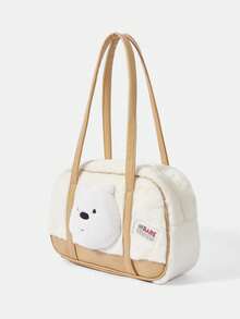 We Bare Bears X SHEIN 1 Túi tote vải nhung chắp vá thời trang màu kaki dung tích lớn - Màu Khaki - Xem 8