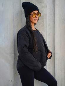 SAYEHFBABY Fashionable Casual Solid Color Geometric Pattern Round Neck Pocket Padded Padded Coat Clothes Winter  Fall Cloth For Women - Black - View 5
