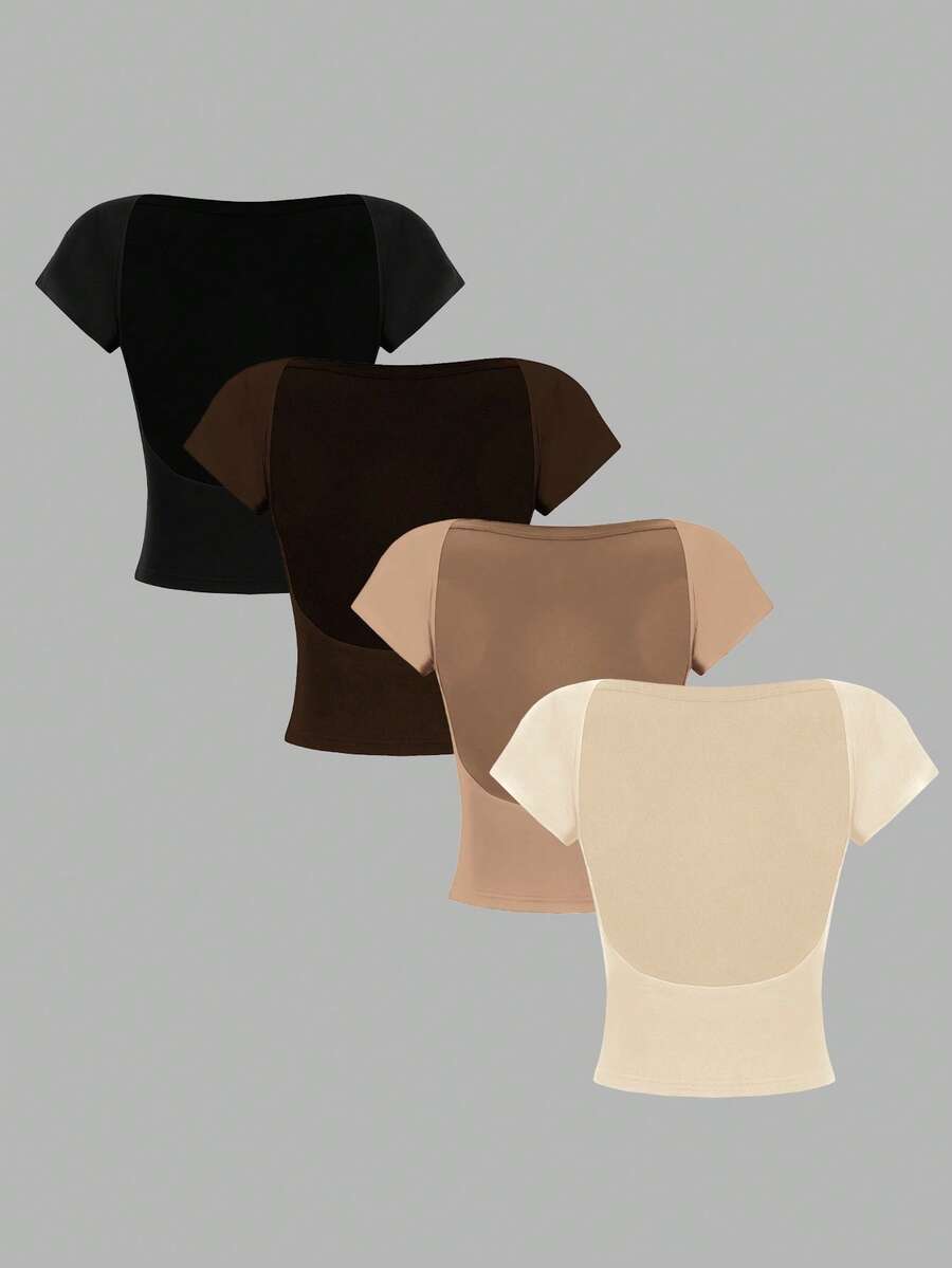 SHEIN Essnce 4 piezas Camisetas de mujer de cuello redondo, ajustadas, con espalda descubierta y diseño minimalista de patrones, adecuadas para el verano - Multicolor - Ver 1