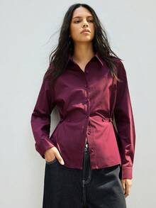 Maija 女士纯色束腰衬衫，时尚通勤红色衬衫，圣诞节女士新年女士酒红色衬衫 - 中紫紅色 - 查看 4