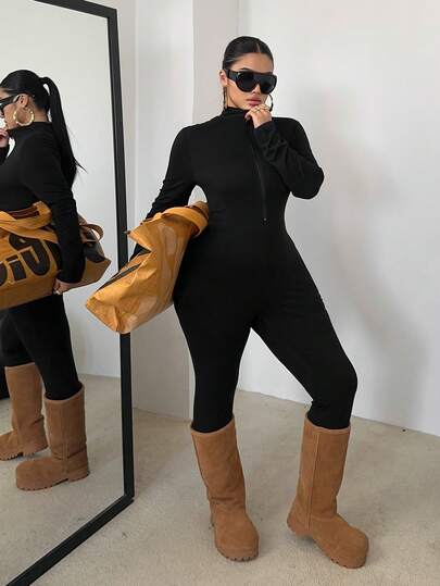 POPSWAY Plus Size Black Long Sleeve & Pants Jumpsuit, Front Zipper, Waist Cinched, Slim Fit, Solid Color, Versatile, Daily Wear