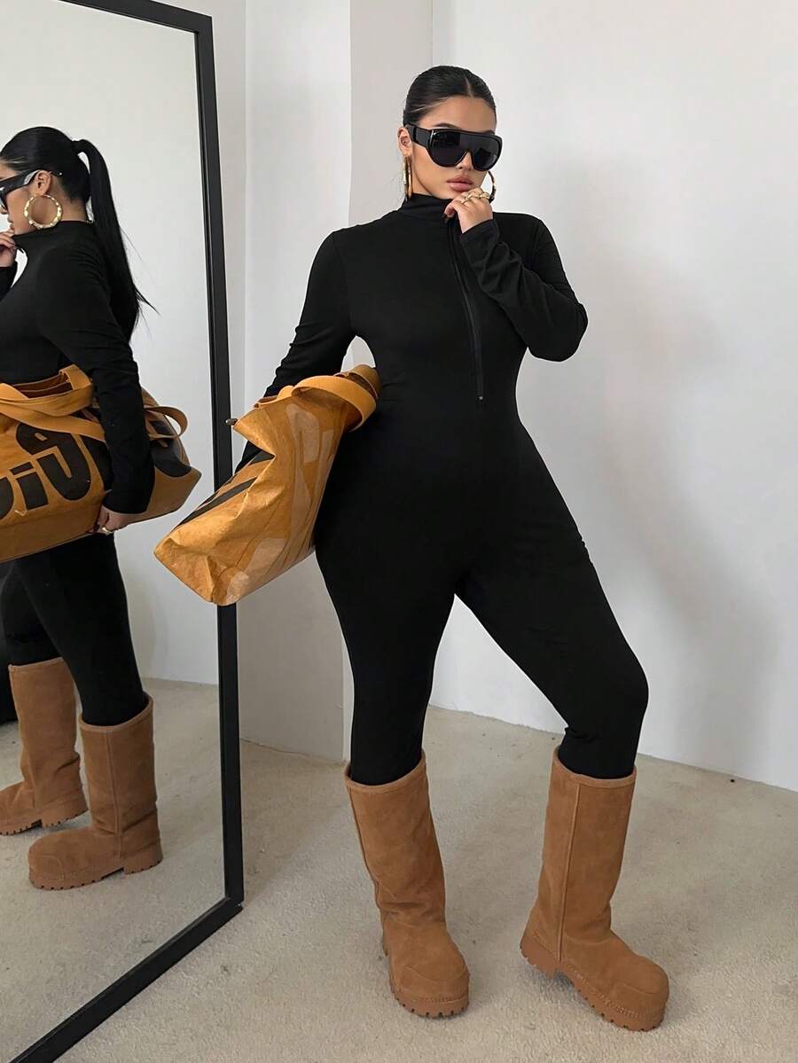 POPSWAY 加大码黑色长袖连体裤，前拉链，腰部收紧，修身剪裁，纯色，百搭，日常穿着